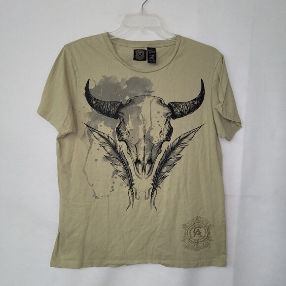 Christian Audigier Other - Christian Audigier TShirt Mens XL Tan Graphic Skull Feather Western Ranch Rodeo